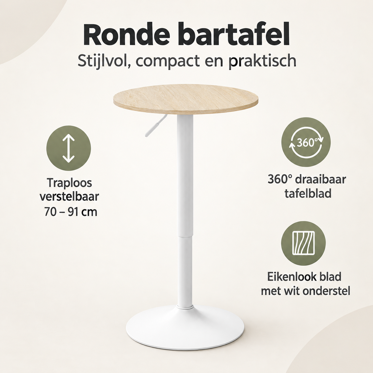 Overzicht van ronde bartafel met de belangrijkste productvoordelen