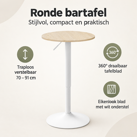 Overzicht van ronde bartafel met de belangrijkste productvoordelen