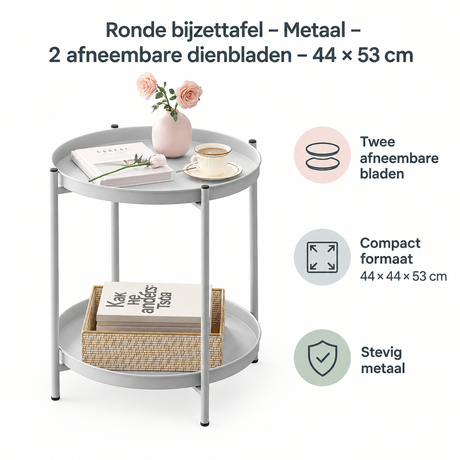 Ronde bijzettafel van BukkitBow met metalen frame en twee afneembare dienbladen, afmetingen 44×53 cm, stijlvolle woonaccessoire