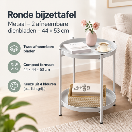 Ronde metaal bijzettafel van BukkitBow met twee afneembare dienbladen, 44x53 cm, handig en stijlvol voor in huis