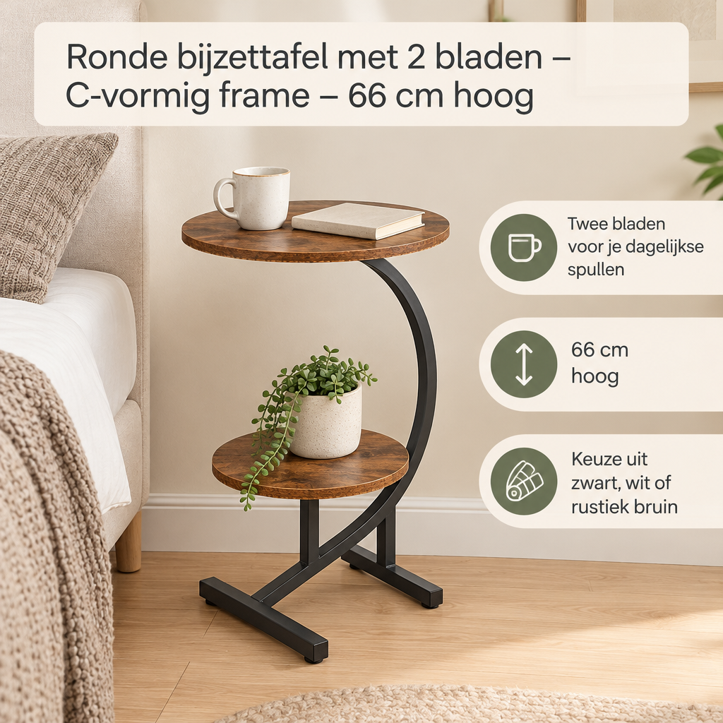 Praktische toepassing en keuzehulp voor ronde bijzettafel met 2 bladen