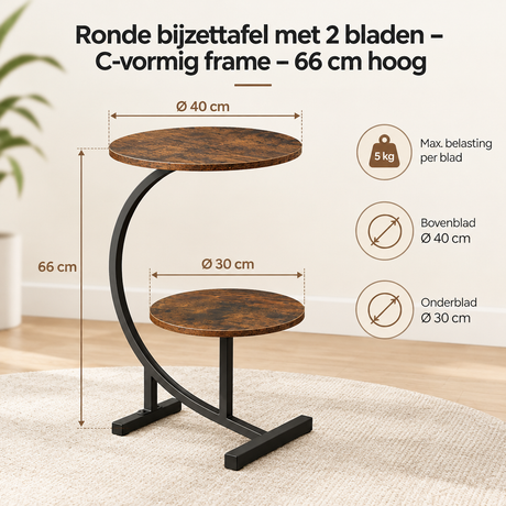 Afmetingen en productspecificaties van ronde bijzettafel met 2 bladen