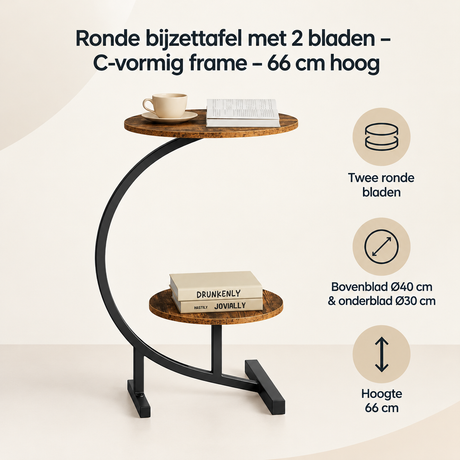 Overzicht van ronde bijzettafel met 2 bladen met de belangrijkste productvoordelen