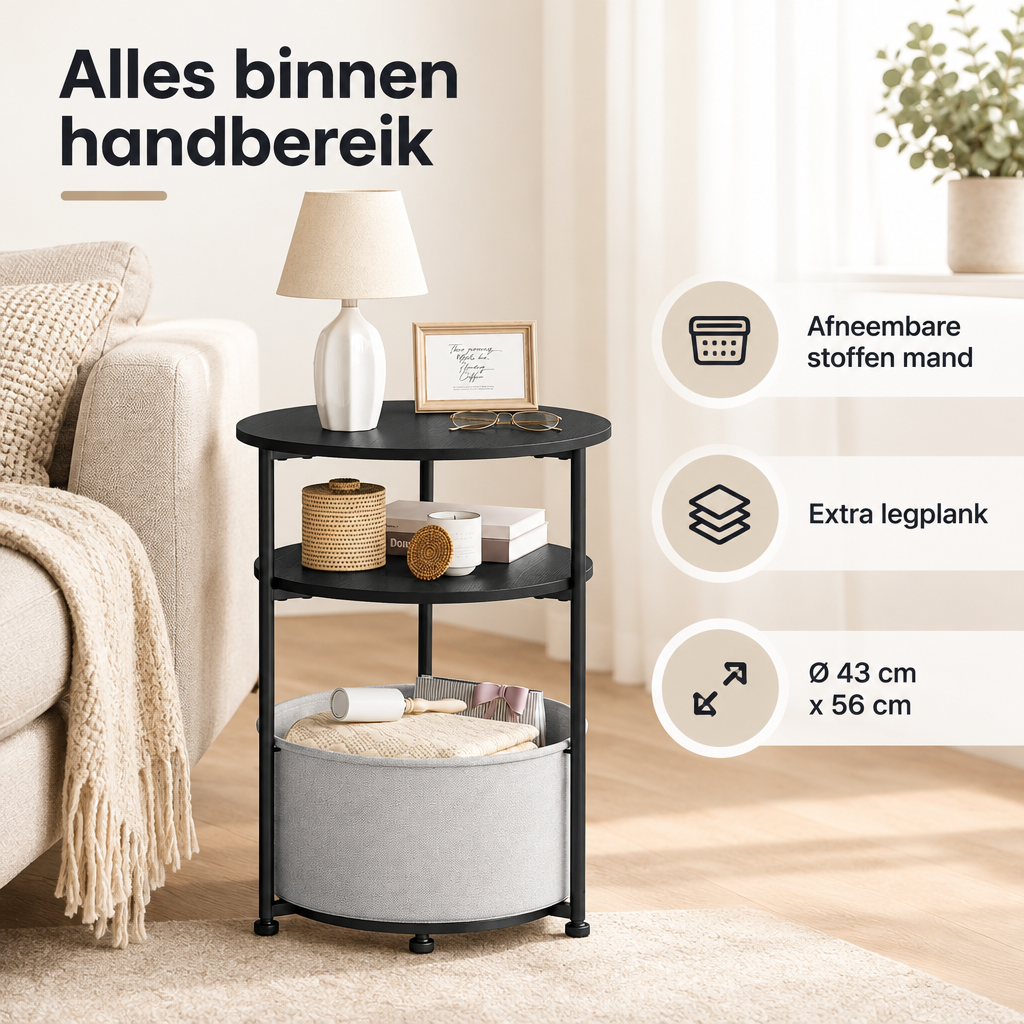 Praktische toepassing en keuzehulp voor ronde bijzettafel met opbergruimte