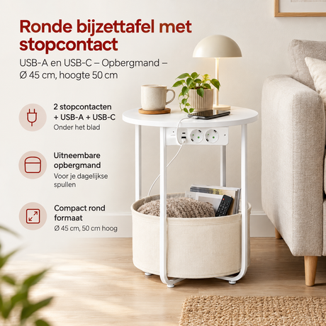 Praktische toepassing en keuzehulp voor ronde bijzettafel met stopcontact
