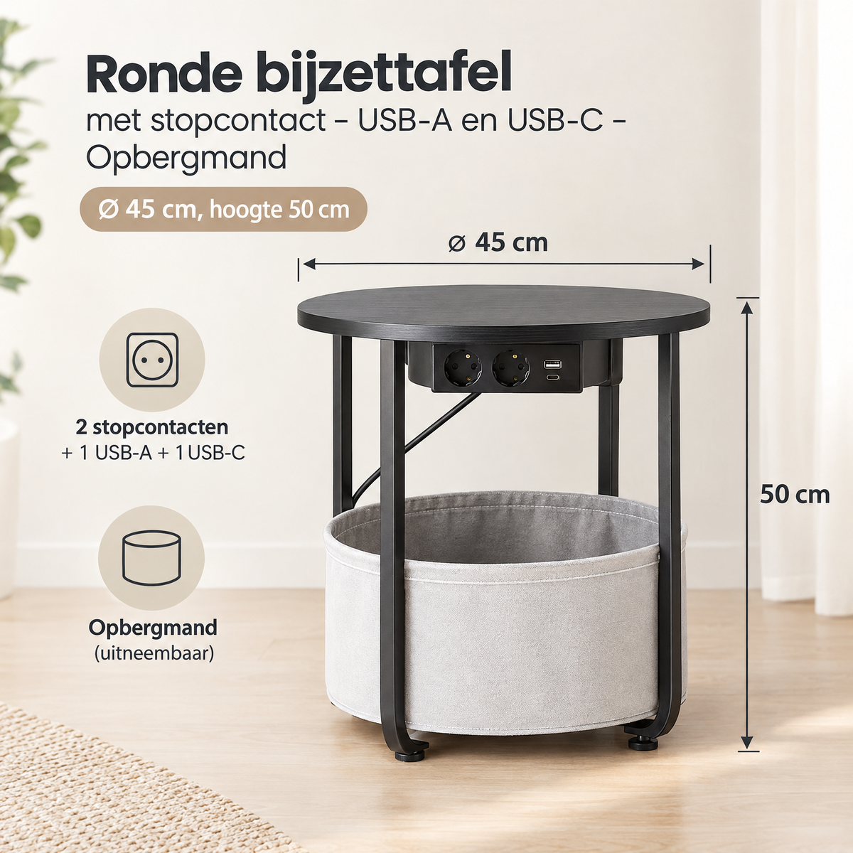 Afmetingen en productspecificaties van ronde bijzettafel met stopcontact
