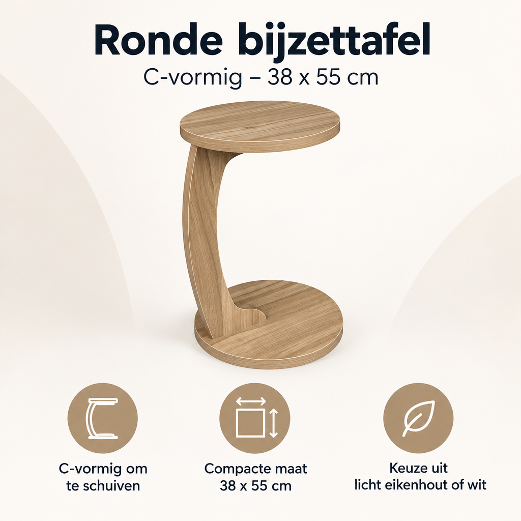 Overzicht van ronde bijzettafel met de belangrijkste productvoordelen