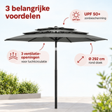 Donkergrijze stokparasol met diameter 292 cm, kantelbaar met slinger, van BukkitBow, biedt schaduw en bescherming tegen de zon.