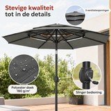 Donkergrijze stokparasol met ronde vorm, 292 cm doorsnede, kantelbaar met slinger, detail van het materiaal van BukkitBow