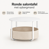 Ronde salontafel met opbergmand van BukkitBow, Ø 80 cm, metalen frame en afneembare canvas mand voor extra opbergruimte.