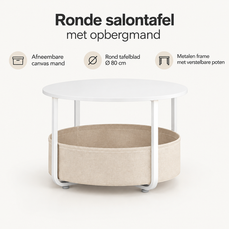 Ronde salontafel met opbergmand van BukkitBow, Ø 80 cm, metalen frame en afneembare canvas mand voor extra opbergruimte.
