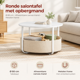 Ronde salontafel met opbergmand van BukkitBow, Ø 80 cm, metalen frame en afneembare canvas mand voor praktische opbergruimte.