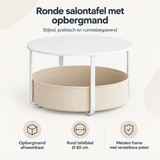 Ronde salontafel met opbergmand van BukkitBow, Ø 80 cm, metalen frame en afneembare canvas mand voor stijlvolle opbergruimte.