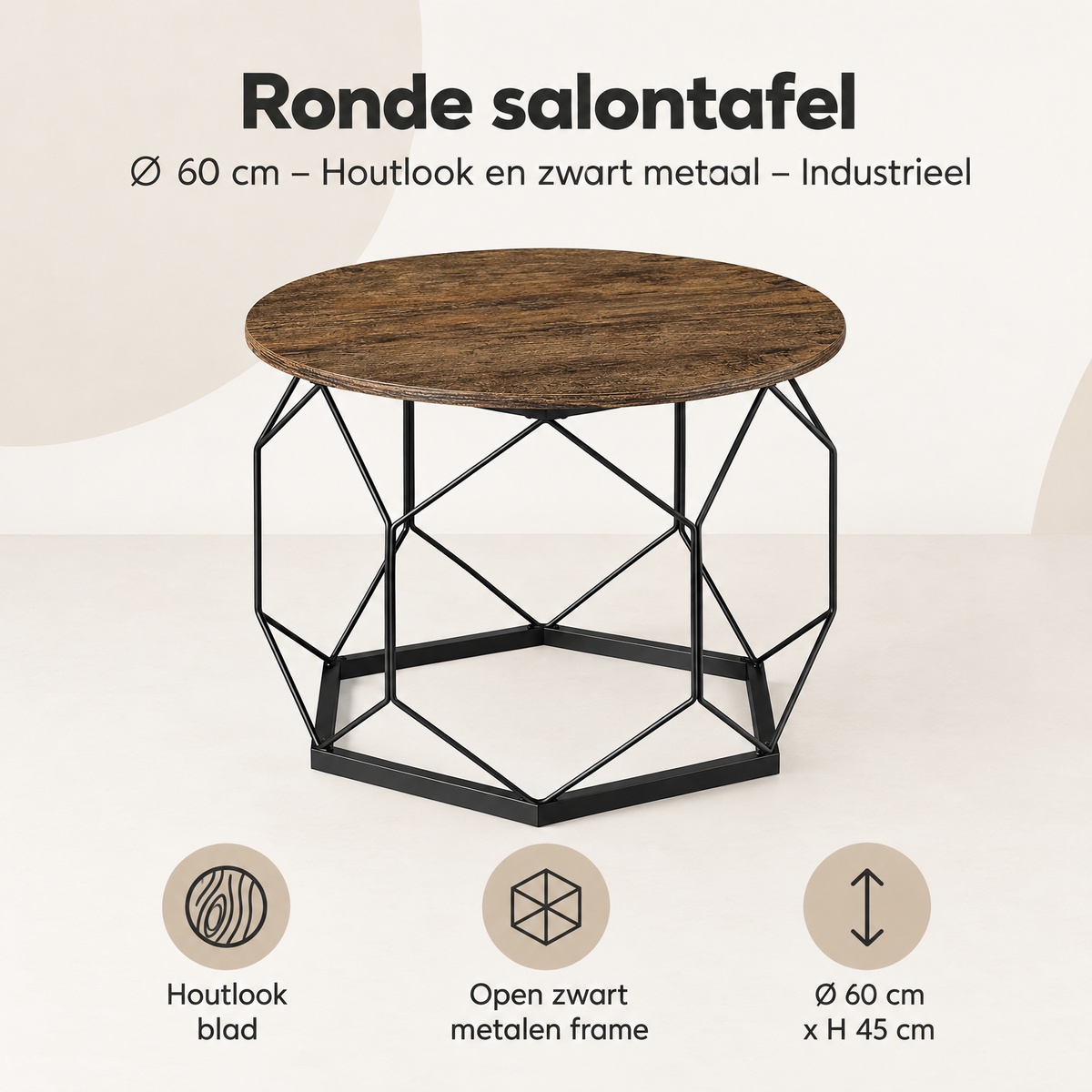 Overzicht van ronde salontafel met de belangrijkste productvoordelen