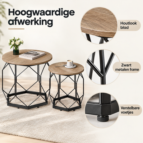 Detail van materiaal en afwerking van ronde salontafel set van 2