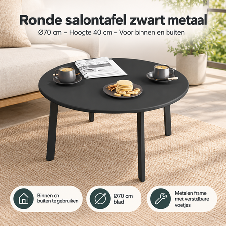Zwarte ronde salontafel van metaal met Ø70 cm en 40 cm hoog, geschikt voor binnen en buiten, door BukkitBow