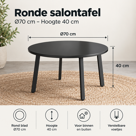 Zwarte ronde salontafel van metaal met een diameter van 70 cm en een hoogte van 40 cm, geschikt voor binnen en buiten.