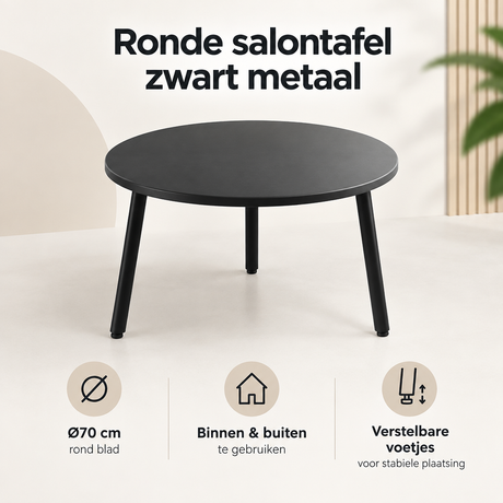 Zwarte ronde salontafel van metaal met een diameter van 70 cm en hoogte van 40 cm, geschikt voor binnen en buiten, van BukkitBow.
