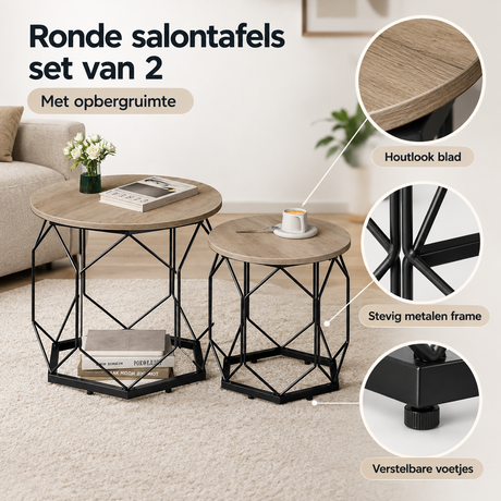 Set van 2 ronde salontafels van BukkitBow met opbergruimte, diameter 50 en 40 cm, stijlvolle en praktische woonkamer meubels
