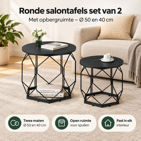 Set van 2 ronde salontafels van BukkitBow met opbergruimte, diameter 50 en 40 cm, stijlvolle en praktische salontafelset.