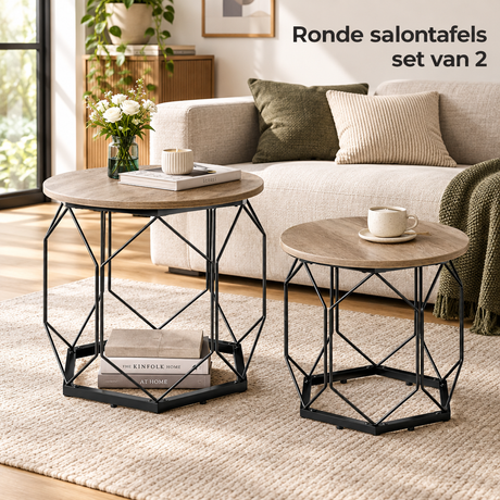 Set van 2 ronde salontafels van BukkitBow met opbergruimte, diameters 50 en 40 cm, geschikt voor woonkamer of zithoek.