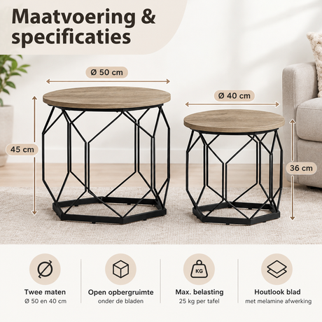 Set van twee ronde salontafels van BukkitBow met opbergruimte, diameters 50 en 40 cm, modern design voor in de woonkamer.