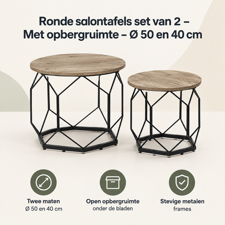 Set van 2 ronde salontafels van BukkitBow met opbergruimte, diameters 50 en 40 cm, modern en functioneel voor de woonkamer.