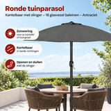 Ronde tuinparasol BukkitBow, kantelbaar met slinger en 18 glasvezel baleinen, in antracietkleur voor schaduw en bescherming