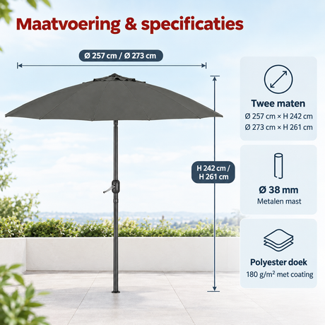 Ronde tuinparasol van BukkitBow, kantelbaar met slinger, 18 glasvezel baleinen, antracietkleur, geschikt voor de tuin
