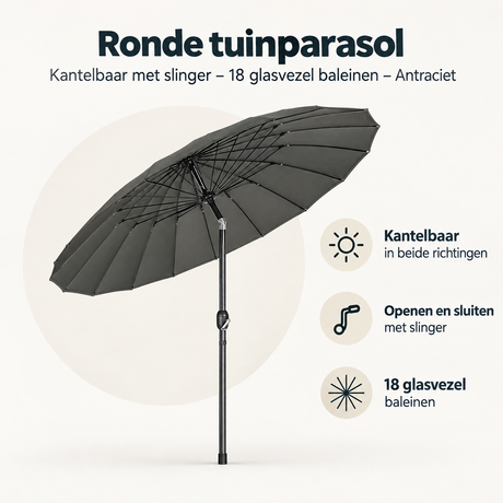 Ronde antracietkleurige tuinparasol van BukkitBow, kantelbaar met slinger en 18 glasvezelbaleinen voor schaduw en bescherming