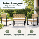 Rotan loungeset van BukkitBow met 4 delen, houtlook, tafel en comfortabele kussens voor buitengebruik.
