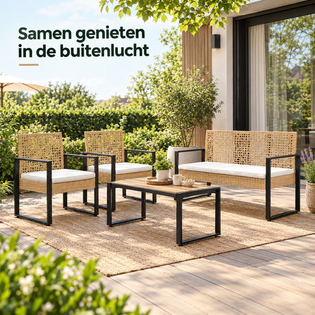Rotan loungeset met 4 delen, natuurlijke houtlook, inclusief tafel en kussens, geschikt voor buitengebruik, door BukkitBow