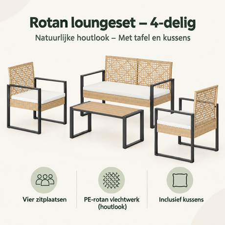 Vierdelige rotan loungeset van BukkitBow met natuurlijke houtlook, inclusief tafel en comfortabele kussens, ideaal voor buiten.