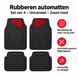Set van 4 zwarte en rode rubberen automatten van BukkitBow, universeel passend voor auto-interieur.
