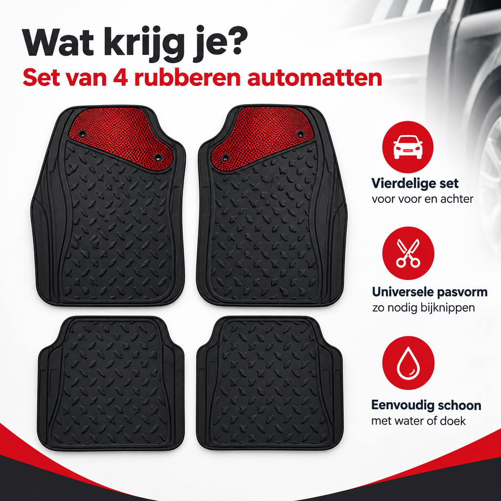 Set van 4 zwarte en rode rubberen automatten van BukkitBow, universeel passend voor praktische bescherming van auto interieur.