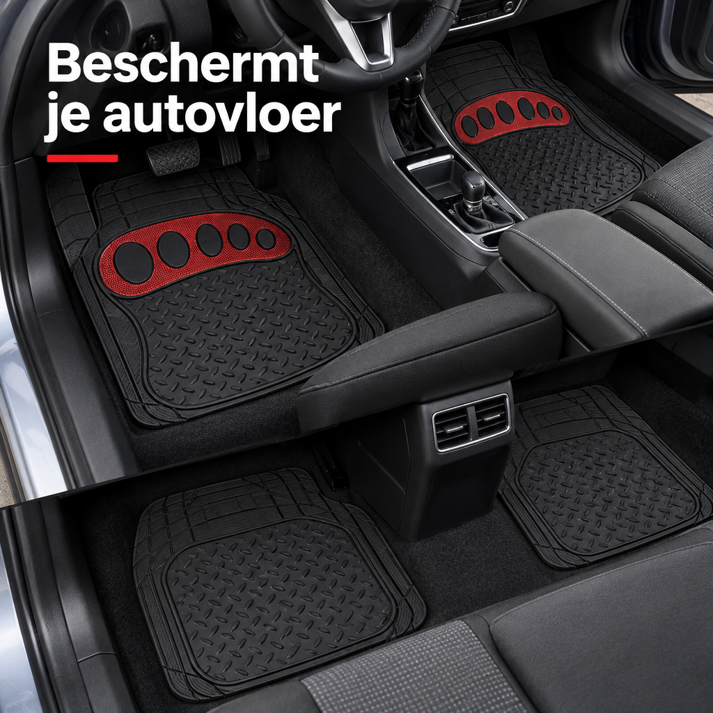 Set van 4 zwarte en rode rubberen automatten van BukkitBow, geschikt voor universeel gebruik in de auto.