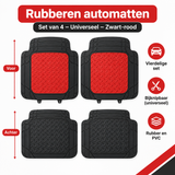 Set van 4 zwarte-rode rubberen automatten van BukkitBow, universeel geschikt voor auto-interieur, met antislip oppervlak.