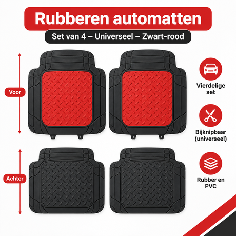 Set van 4 zwarte-rode rubberen automatten van BukkitBow, universeel geschikt voor auto-interieur, met antislip oppervlak.