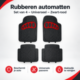 Set van 4 universele zwarte en rode rubberen automatten van BukkitBow, zichtbaar in overzicht met kernvoordelen