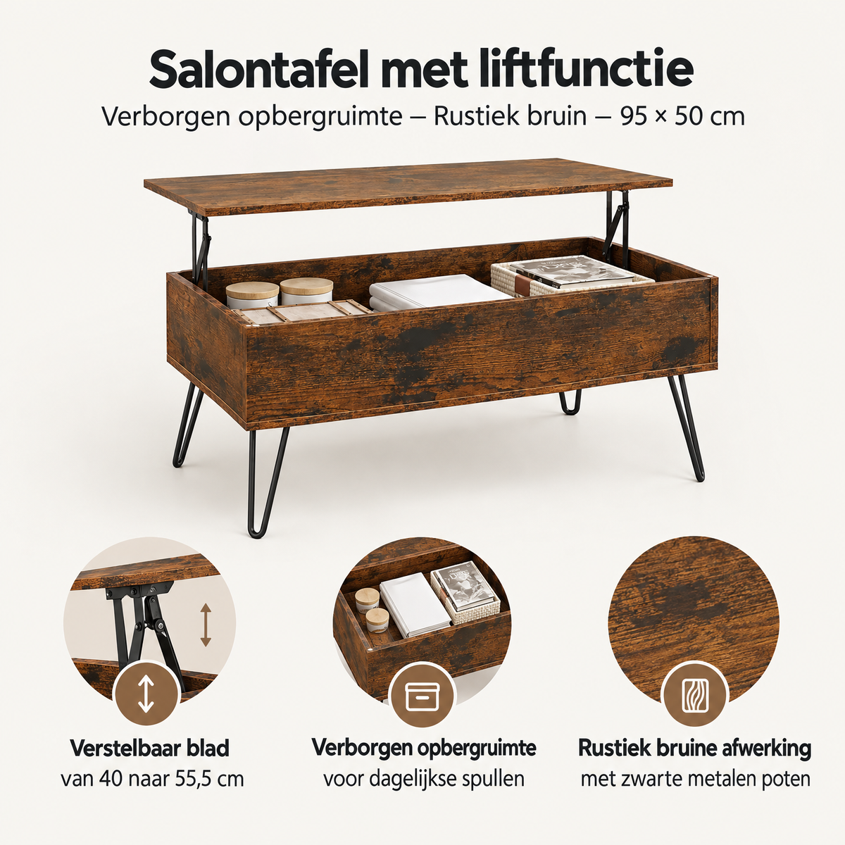 Rustieke bruine salontafel met liftfunctie en verborgen opbergruimte, 95x50 cm, van BukkitBow.
