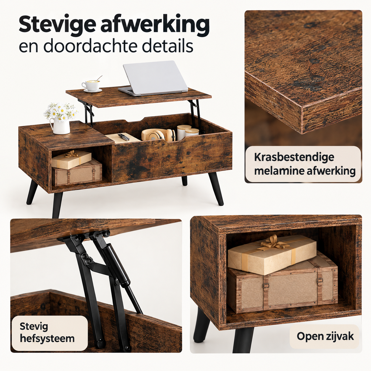 Detail van materiaal en afwerking van salontafel met liftfunctie