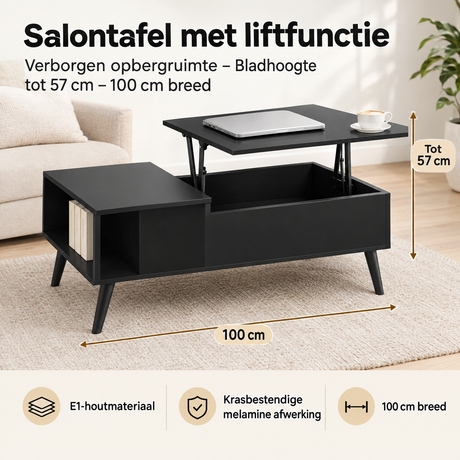 Afmetingen en productspecificaties van salontafel met liftfunctie