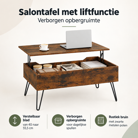 Rustieke bruine salontafel met liftfunctie en verborgen opbergruimte, 95x50 cm, van BukkitBow.