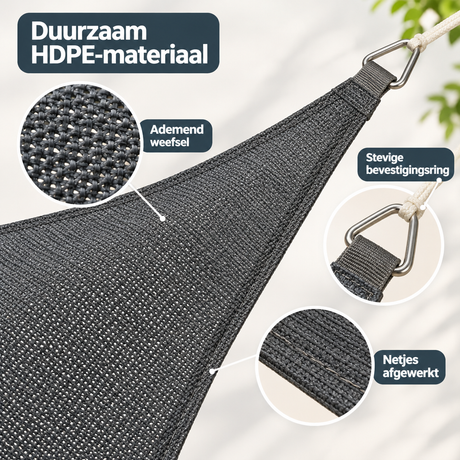 Detail van materiaal en afwerking van schaduwdoek driehoek