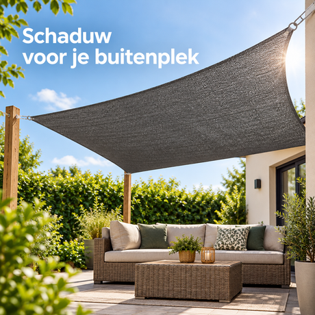 Waterdoorlatend schaduwdoek van BukkitBow, vierkant of rechthoekig, UV 50+ bescherming, geschikt voor buitengebruik.