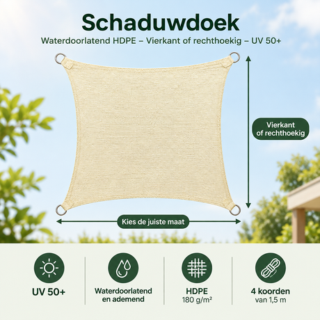 Waterdoorlatend HDPE schaduwdoek van BukkitBow, vierkant of rechthoekig, UV 50+ bescherming, geschikt voor schaduw en zonwering.