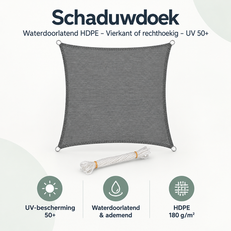 Waterdoorlatend HDPE schaduwdoek van BukkitBow, vierkant of rechthoekig, UV 50+ voor zonbescherming en schaduw.