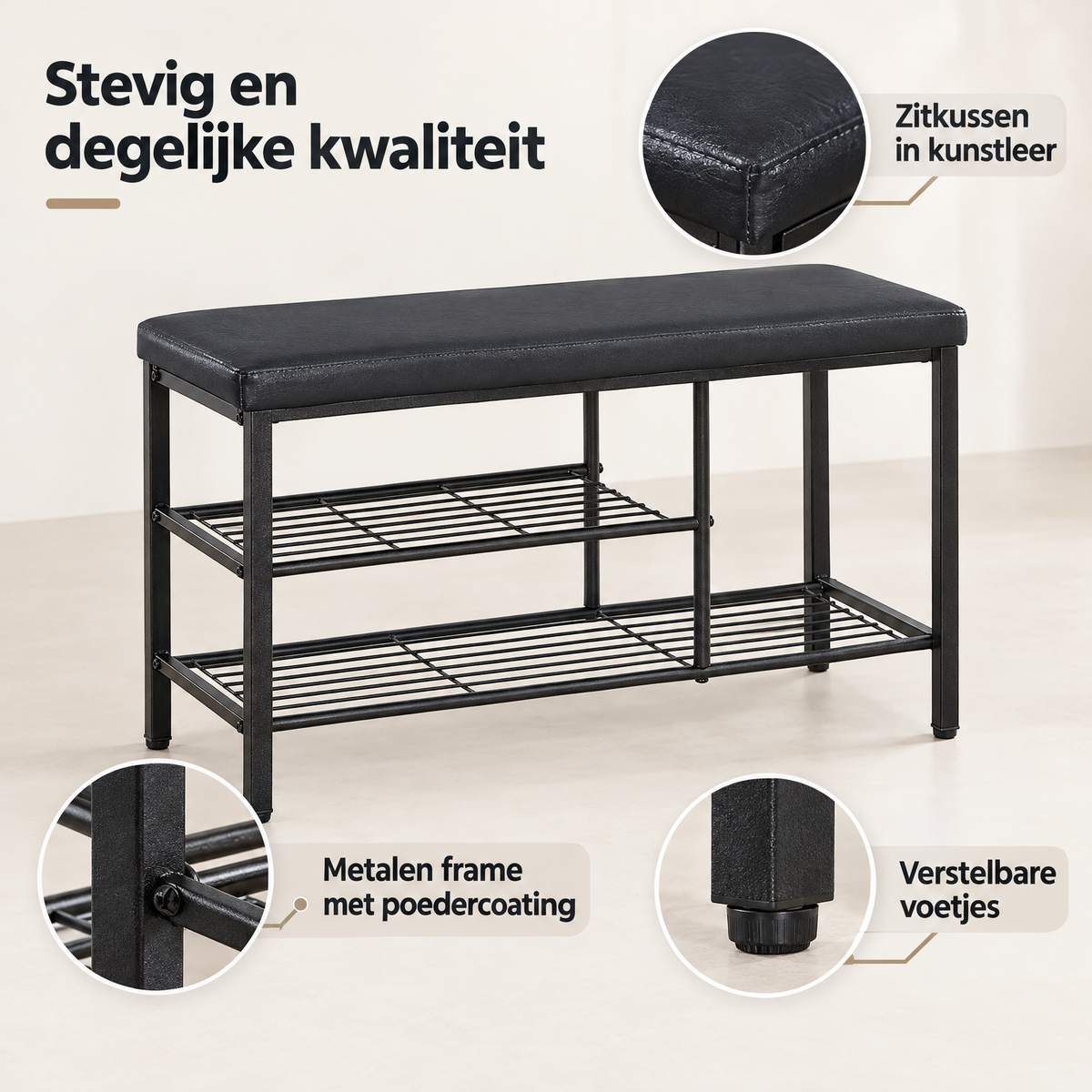 Detail van materiaal en afwerking van schoenenbank met kussen
