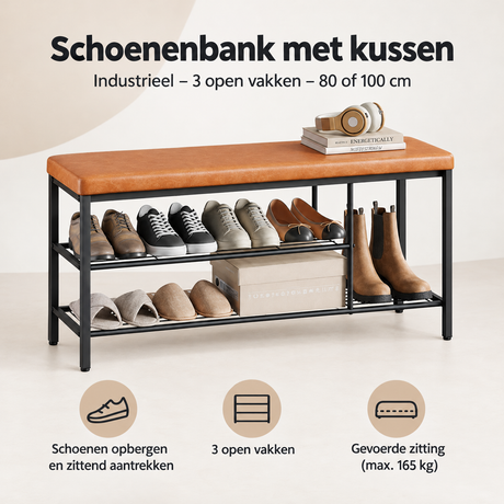 Overzicht van schoenenbank met kussen met de belangrijkste productvoordelen