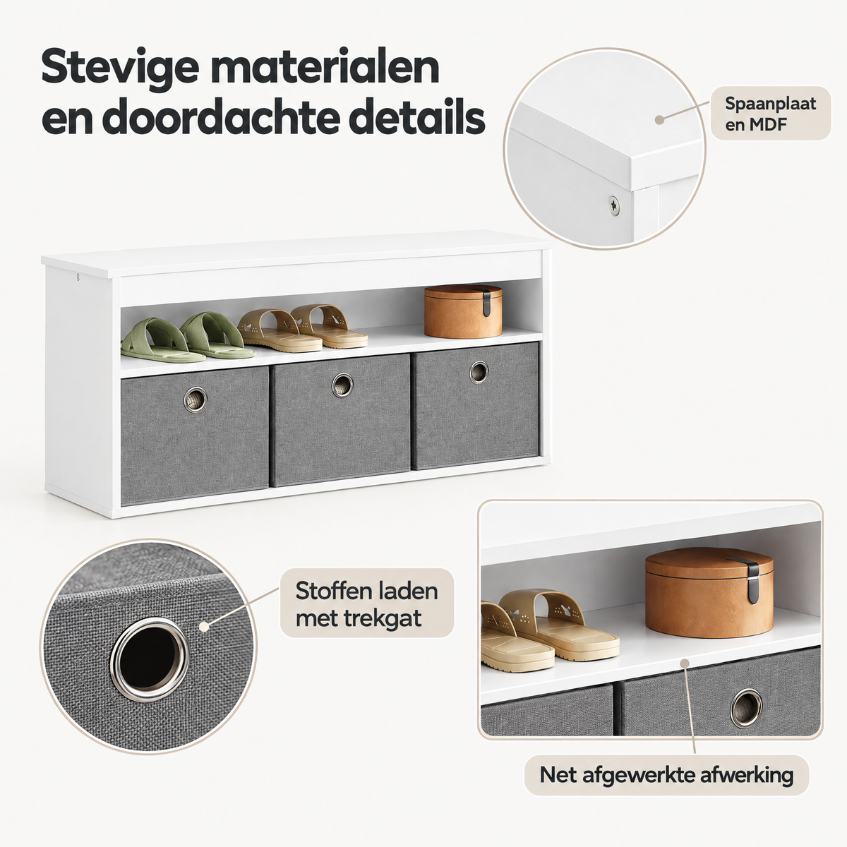 Detail van materiaal en afwerking van schoenenbank wit